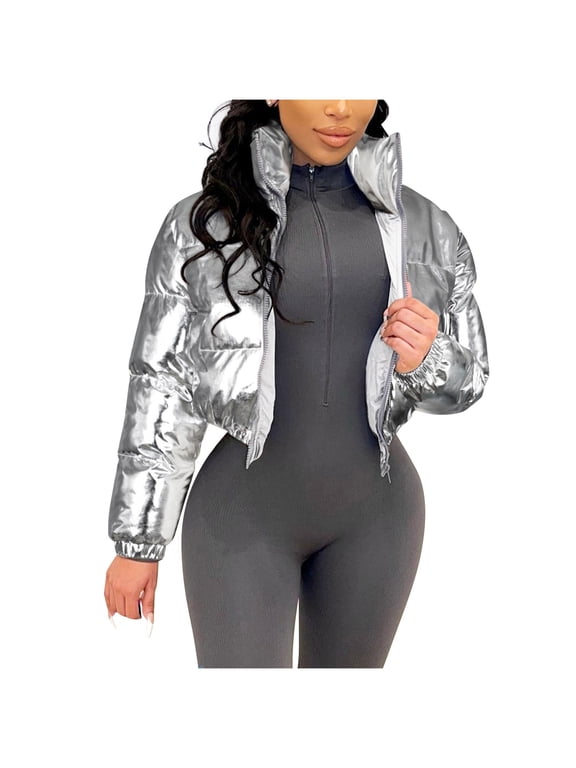Women's Cropped Puffer Jackets Stand Collar Shiny Short Winter Down Jacket Warm Thicken Padded Coats with Pocket Gift