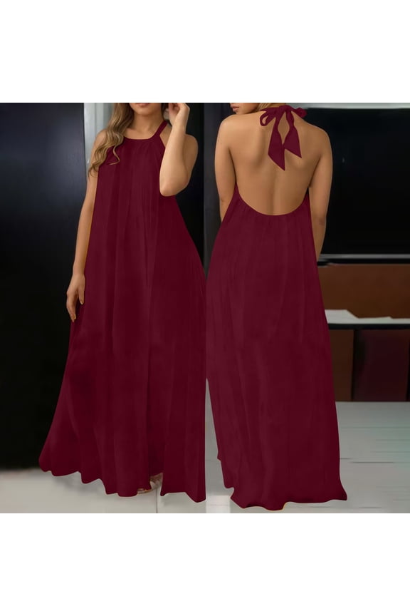 Women's Dresses Halter Neck Open Back Tie Back Maxi Dress Casual Beach Wear Lightweight Breathable Loose Fit Vacation Sundresses Gift