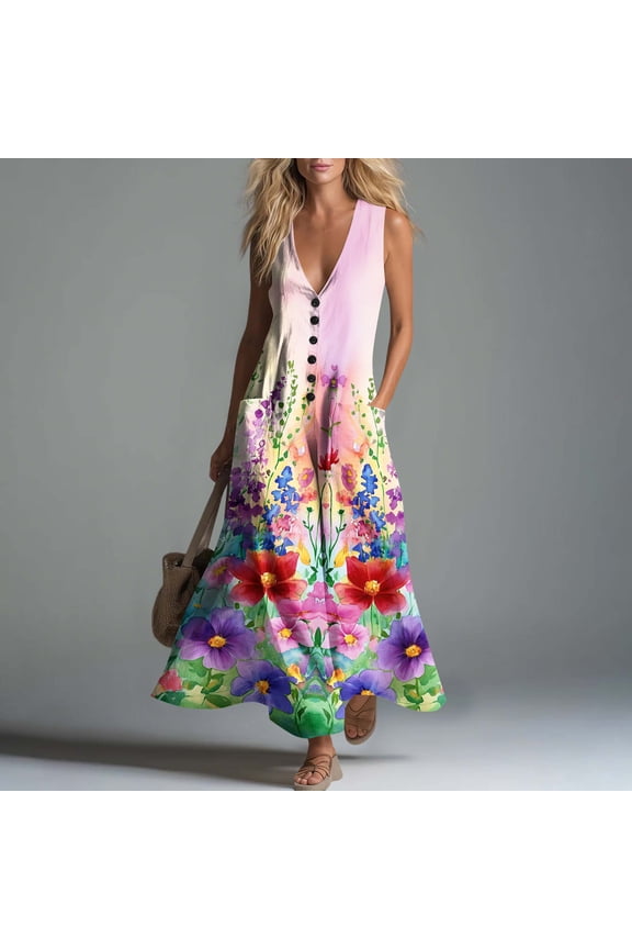 Women's Dresses Sleeveless Button Front Tunic Dress With Pockets Boho Style Comfortable Stretchy Breathable Casual Sundresses Gift