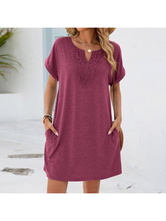 Women's Dresses V Neck Floral Embroidered Trim Short Sleeve Solid Casual Shift Dress Daily Commute Style Lightweight Breathable Loose Fit Tops Gift