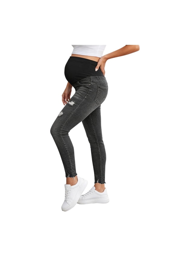 Women's Jeans High Waist Distressed Hem Denim Trousers Maternity Stretchy Slim Fit Skinny Casual Bottoms Gift