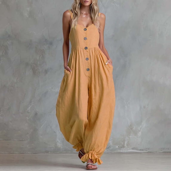 Pounoo Women's Jumpsuits Linen Blend Jumpsuits Boho Vacation Style Lightweight Breathable Sleeveless Button Detail Ruffle Hem Wide Leg Jumpsuits Gift