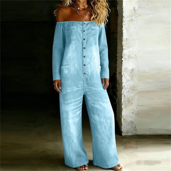 Pounoo Women's Jumpsuits Off Shoulder Denim Style Long Sleeve Overalls with Button Front Casual Street Style Loose Wide Leg Rompers Gift