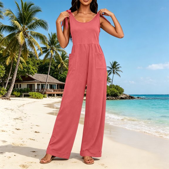 Pounoo Women's Jumpsuits Sleeveless Tie Shoulder Bow Detail Solid Color Casual Loose Wide Leg with Pockets Lightweight Comfortable Rompers Gift