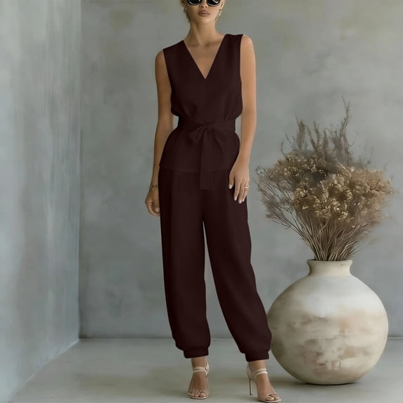 Pounoo Women's Jumpsuits V Neck Sleeveless Tie Waist Solid Jumpsuit Daily Wear Lightweight Breathable Loose Fit Casual Jumpsuits Gift