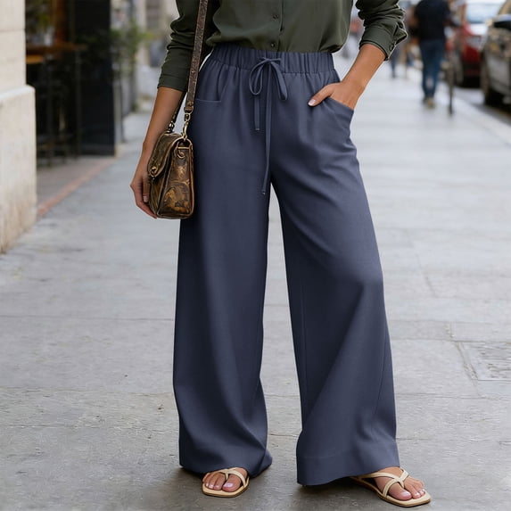 Pounoo Women's Linen Blend Drawstring Waist Wide Leg Pants, Casual Lightweight Trousers with Pockets for Summer and Resort Wear Gift