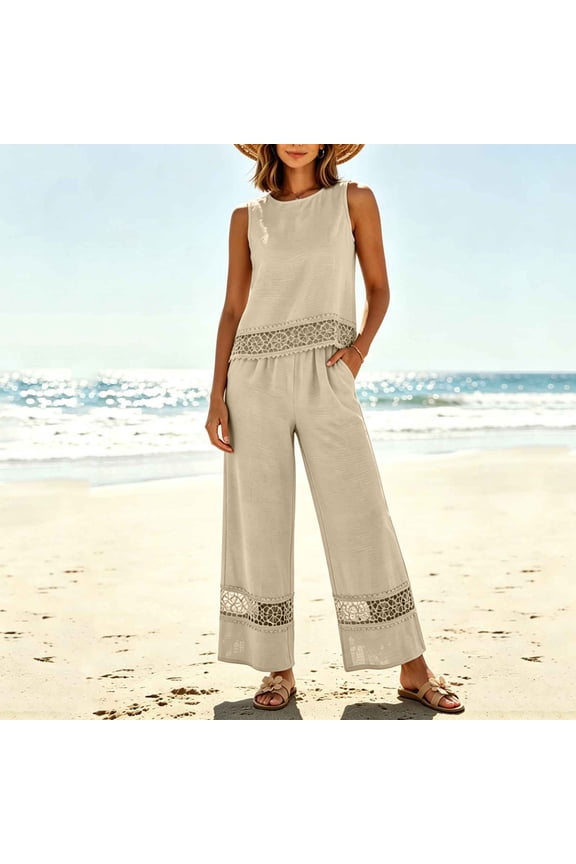 Women's Linen Set Sleeveless Top and Wide Leg Pants with Floral Embroidered Trim Lightweight Airy Vacation Outfits Gift