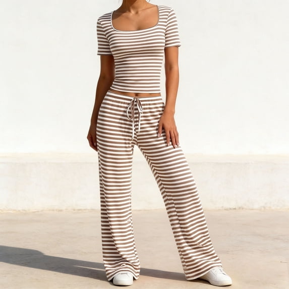 Pounoo Women's Loungewear Sets Ribbed Square Neck Stripe Short Sleeve Top And Wide Leg Pants Two Piece Outfits Daily Wear Soft Stretchy Comfortable Loungewear Gift