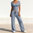 thumbnail image 1 of Pounoo Women's Loungewear Sets Ribbed Square Neck Stripe Short Sleeve Top And Wide Leg Pants Two Piece Outfits Daily Wear Soft Stretchy Comfortable Loungewear Gift, 1 of 6