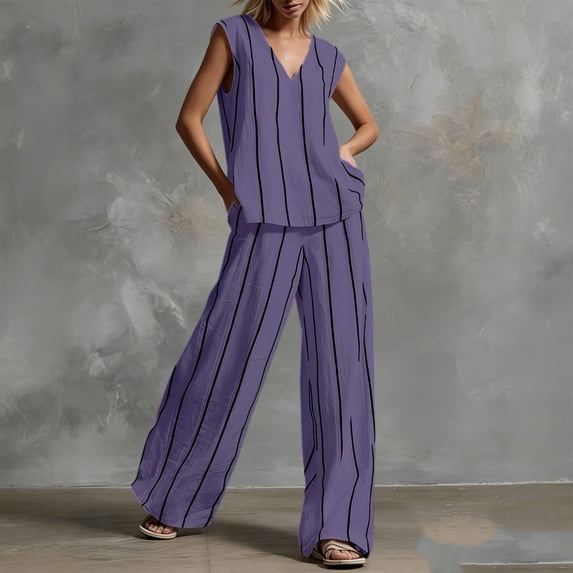 Pounoo Women's Loungewear Sets Vertical Stripe Sleeveless V Neck Top And Wide Leg Pants Two Piece Outfits Daily Wear Lightweight Breathable Loose Fit Sets Gift