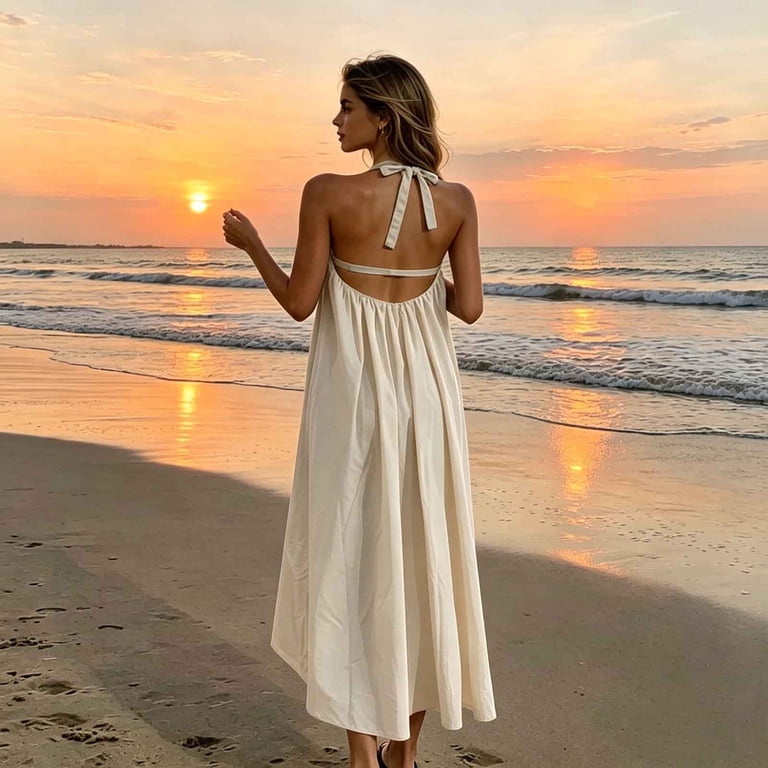 flowy resort dresses Pounoo Women's Maxi Halter Neck Sleeveless Dresses Beach Style Lightweight Breathable Solid Color Loose Fit Dresses Gift VSPVaultSale