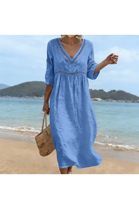 Women's Maxi Dresses V Neck Three Quarter Sleeve Linen Blend with Crochet Trim Boho Style Casual Sundresses Gift