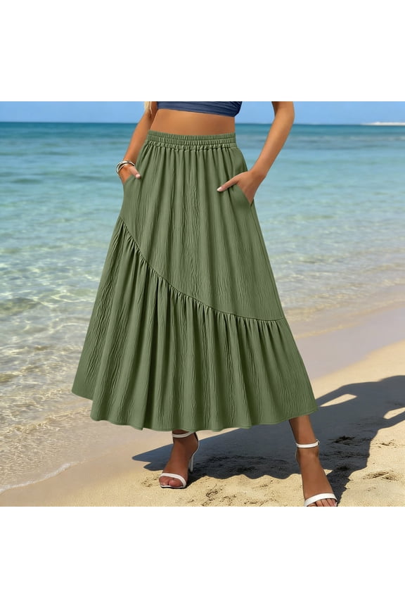 Women's Maxi Skirts Elastic Waist Tiered Ruffle Hem Skirts Casual Errands Lightweight Soft Fabric Loose Style Long Skirts Gift