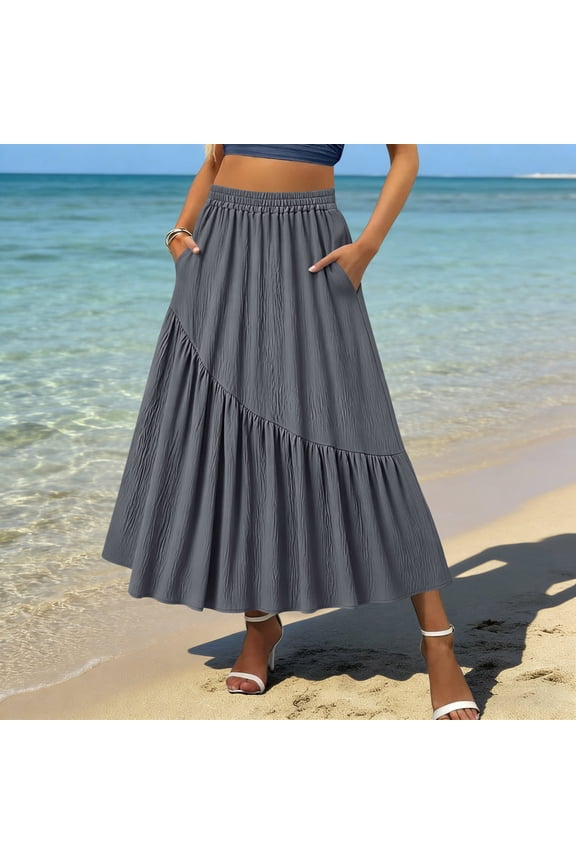 Women's Maxi Skirts Elastic Waist Tiered Ruffle Hem Skirts Casual Errands Lightweight Soft Fabric Loose Style Long Skirts Gift