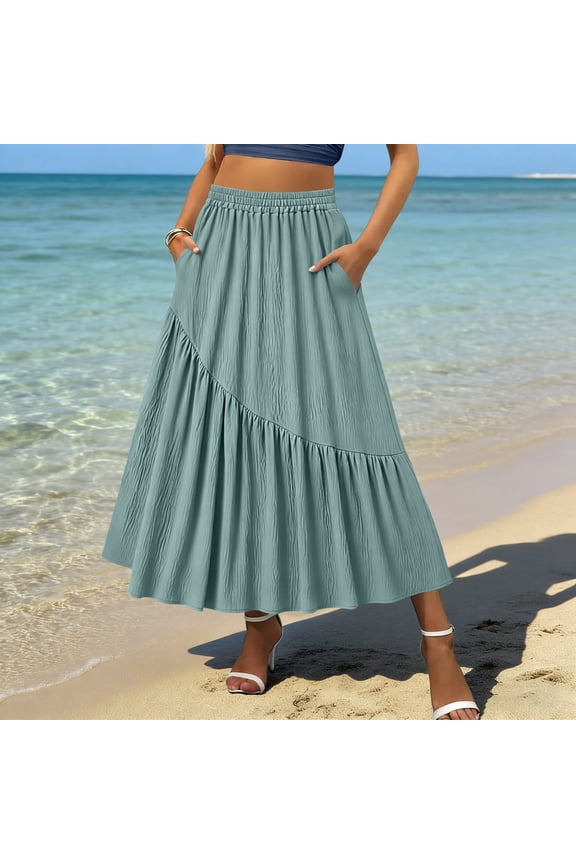 Women's Maxi Skirts Elastic Waist Tiered Ruffle Hem Skirts Casual Errands Lightweight Soft Fabric Loose Style Long Skirts Gift
