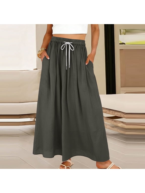 Women's Midi Skirts Elastic Waist Linen Blend Skirts Casual Daily Style Lightweight Breathable Drawstring Loose Flowy A-Line Skirts Gift