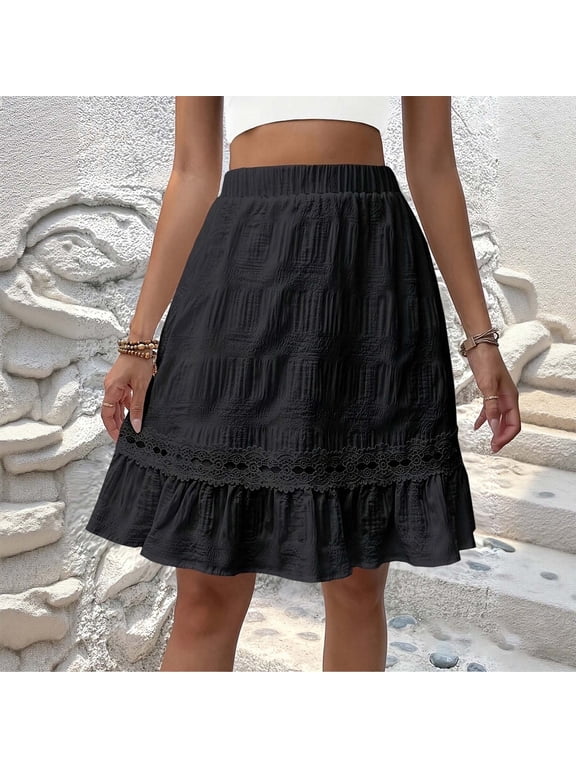 Women's Midi Skirts Elastic Waist Skirts Casual Daily Style Lightweight Breathable Floral Embroidered Ruffle Hem Flowy Skirts Gift