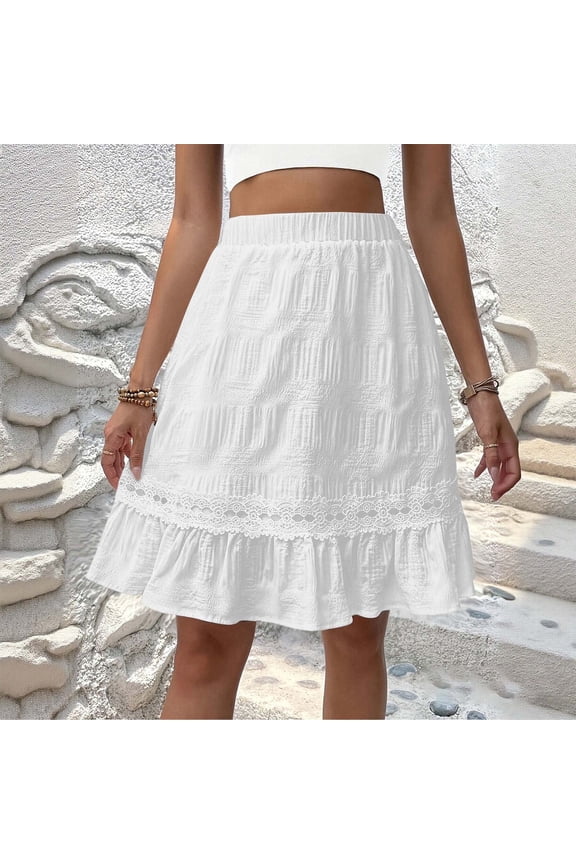 Women's Midi Skirts Elastic Waist Skirts Casual Daily Style Lightweight Breathable Floral Embroidered Ruffle Hem Flowy Skirts Gift