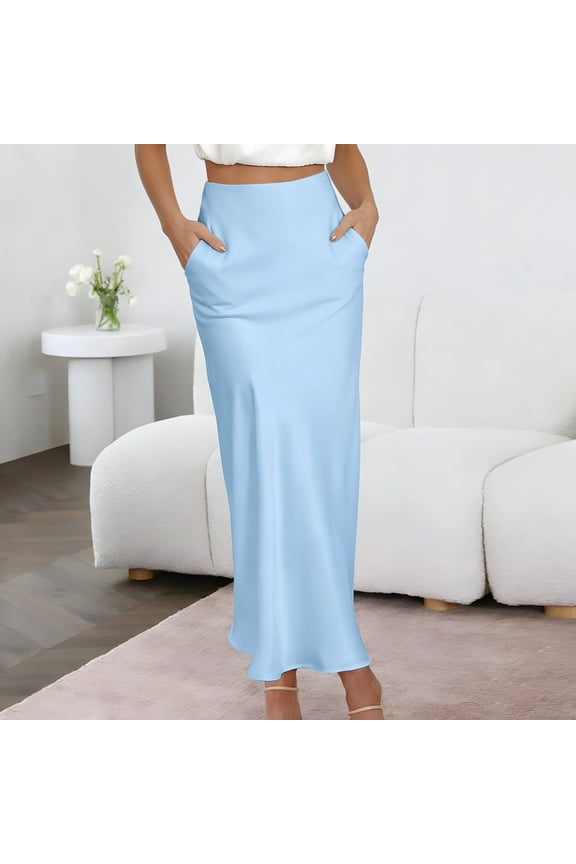 Women's Midi Skirts High Waist Satin Mermaid Silhouette with Side Pockets Date Nights Smooth Tailored Elegant Bottoms for Women Gift