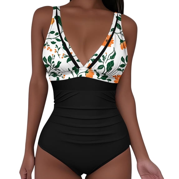 Pounoo Women's One Piece Swimsuits V Neck Sleeveless Floral Print Ruched Bathing Suits Beach Tummy Control Slim Fit Swimwear Gift