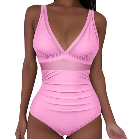 Pounoo Women's One Piece Swimsuits V Neck Sleeveless Mesh Panel Ruched Bathing Suits Beach Tummy Control Slim Fit Swimwear Gift