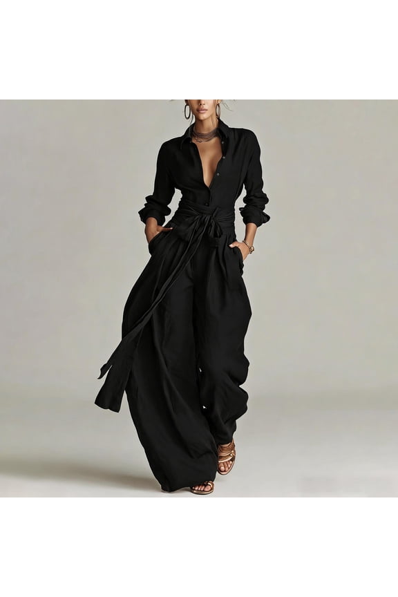 Women's Outfits Button Down Linen Shirt and Belted Wide Leg Pants Casual Bohemian Style Loose Fit Comfortable Two Piece Pants Sets Gift