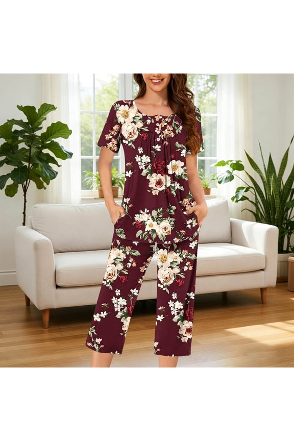 Women's Pajama Sets Short Sleeve Top Capri Pants Floral Print Button Front Loose Fit Cozy Breathable Lightweight Loungewear Gift