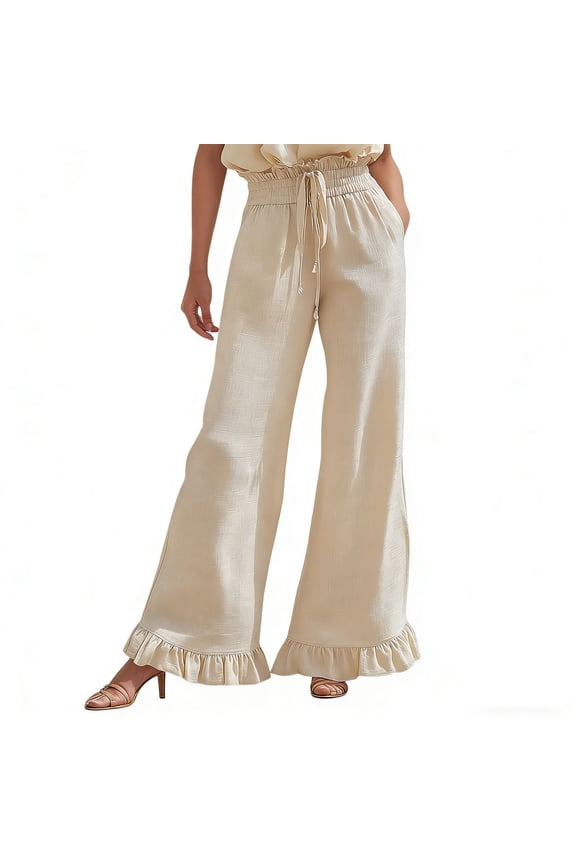 Women's Pants Elastic Drawstring Smocked Waist Ruffle Hem Palazzo Pants Boho Vibe Style Lightweight Airy Loose-Fit Trousers Gift