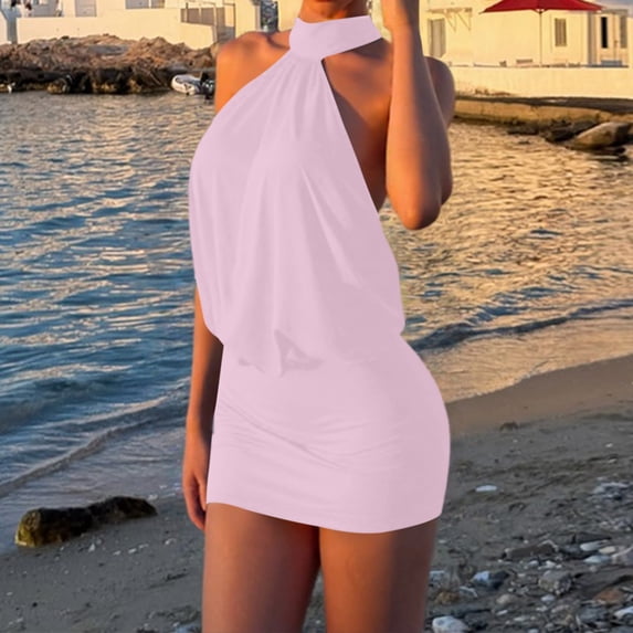 Pounoo Women's Party Dresses Halter Neck Sleeveless Bodycon Dress With Ruched Design Nightclub Style Comfortable Stretchy Breathable Short Sundresses Gift