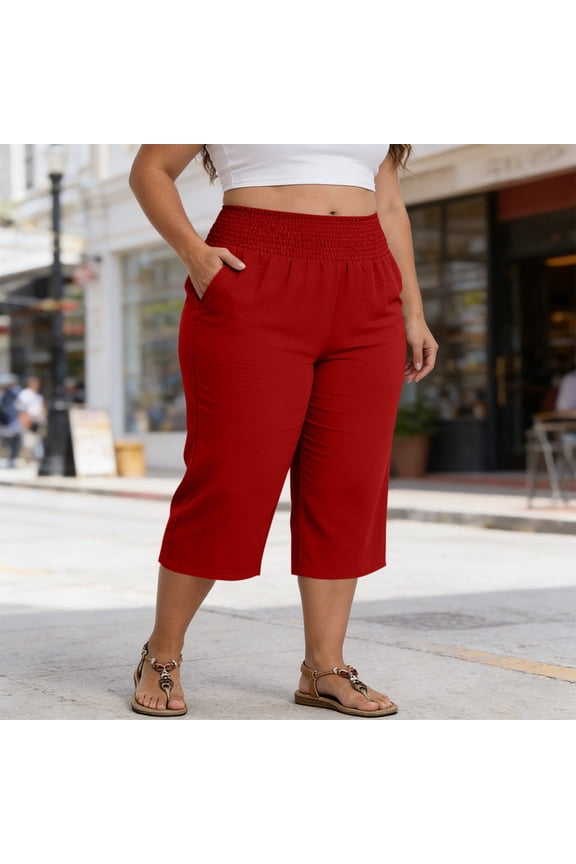 Women's Plus Size Capri Pants Elastic Waist Linen Blend Pants Casual Daily Style Lightweight Breathable Drawstring Waist Solid Color Capri Pants Gift