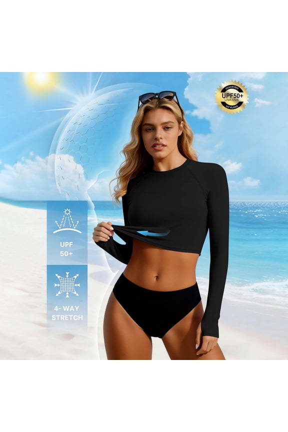 Women's Rash Guards Long Sleeve Crop Top Swimsuit Quick Dry Stretchy UV Protection Surfing Swimwear Tops for Beach Pool Vacation Gift