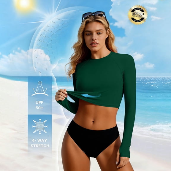 Pounoo Women's Rash Guards Long Sleeve Crop Top Swimsuit Quick Dry Stretchy UV Protection Surfing Swimwear Tops for Beach Pool Vacation Gift