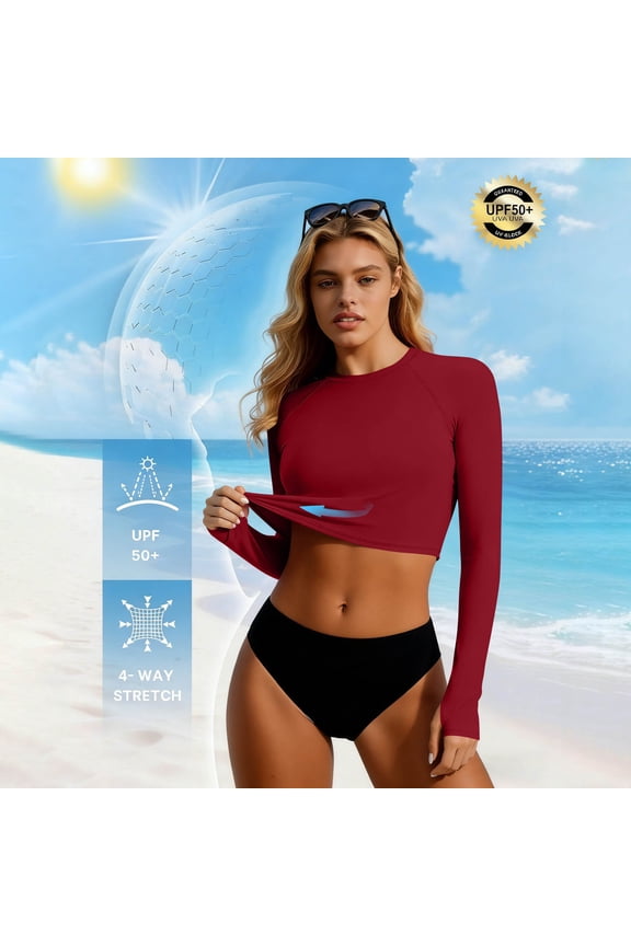 Women's Rash Guards Long Sleeve Crop Top Swimsuit Quick Dry Stretchy UV Protection Surfing Swimwear Tops for Beach Pool Vacation Gift