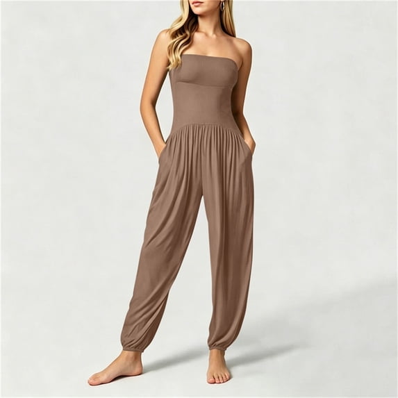 Pounoo Women's Rompers Strapless Solid Color Overalls with Pockets Casual Daily Wear Lightweight Stretchy Relaxed Jumpsuits Gift