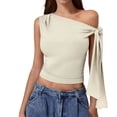 thumbnail image 1 of Pounoo Women's Ruched One Off The Shoulder Tank Tops Cropped Asymmetrical Neck Tie Shoulder Y2K Slim Fit Going Out Top Gift, 1 of 4