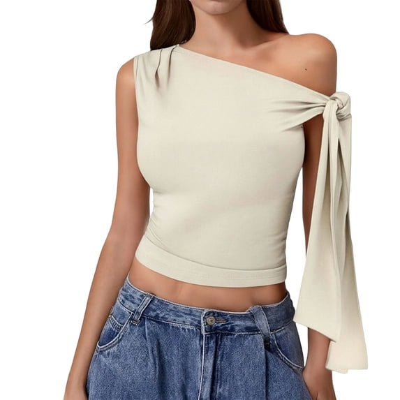 Pounoo Women's Ruched One Off The Shoulder Tank Tops Cropped Asymmetrical Neck Tie Shoulder Y2K Slim Fit Going Out Top Gift