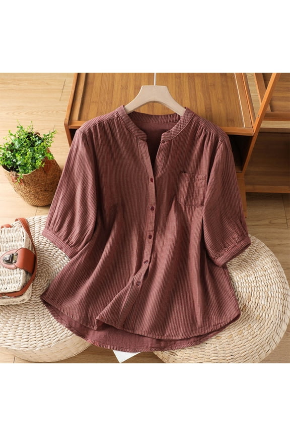 Women's Shirts Striped Print Mandarin Collar 3/4 Sleeve Blouses Casual Weekend Vibe Lightweight Breathable Loose Fit Tops Gift