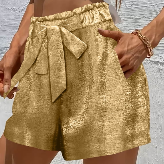 Pounoo Women's Shorts Drawstring Bow Satin Casual Bottoms Party Night Style Lightweight Shiny Relaxed Fit Gift
