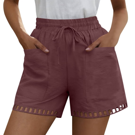 Pounoo Women's Shorts Elastic Waist Linen Blend Shorts Casual Daily Style Lightweight Breathable Drawstring Waist Floral Embroidered Hem Shorts Gift