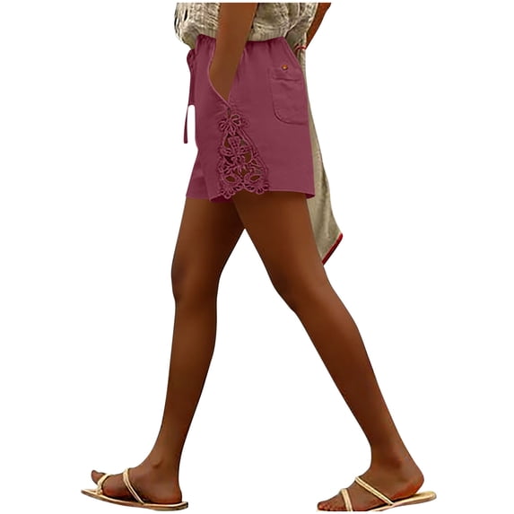 Pounoo Women's Shorts with Floral Embroidered Trim Drawstring Waist with Pockets Casual Loose Fit Bottoms for Summer Wear Gift