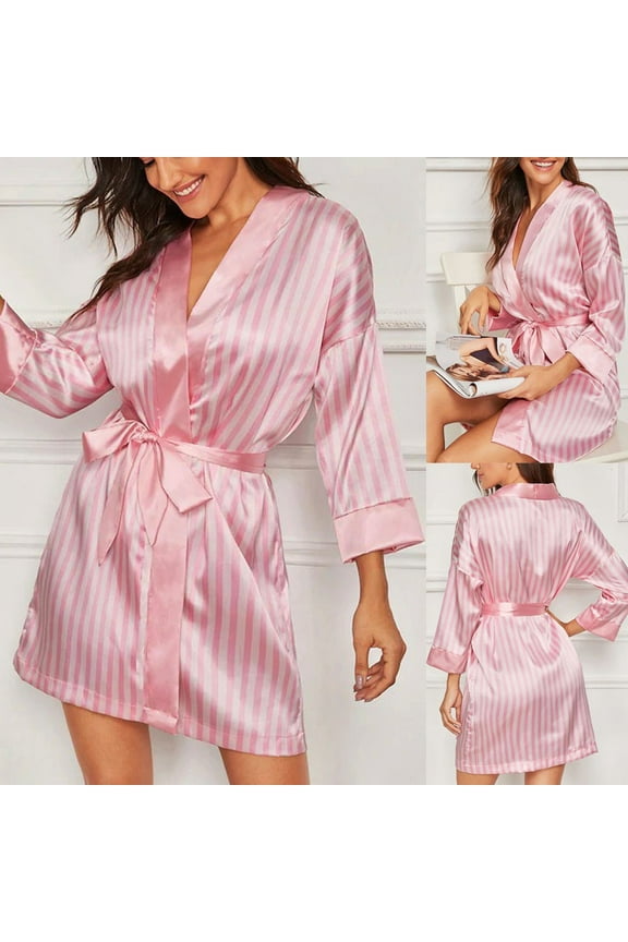 Women's Stripe Print Long Sleeve Silk Satin Gift Kimono Robes Plus Size V-Neck Robes for Bride BridesmaidsWedding Party L oungewear Pajamas