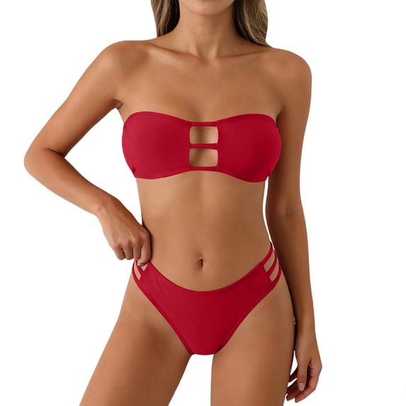Pounoo Women's Swimsuits Bandeau Top High Cut Bottom Double Strap Hollow Out Two Piece Bathing Suits Beach Pool Style Stretchy Swimwear Gift