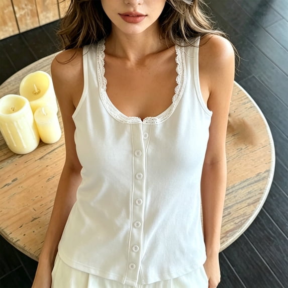 Pounoo Women's Tank Tops Sleeveless Button Front Contrast Trim Solid Casual Tops Summer Street Style Lightweight Breathable Shirts Gift
