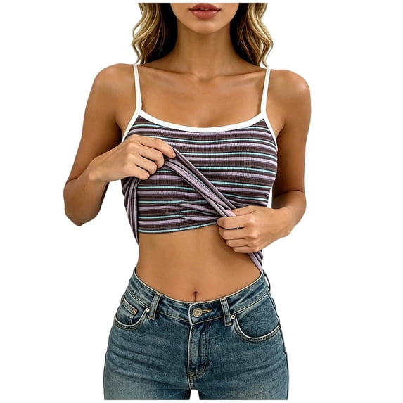 Pounoo Women's Tank Tops Striped Ribbed Scoop Neck Sleeveless Crop Tops Casual Layering Style Lightweight Breathable Slim Fit Tees Gift