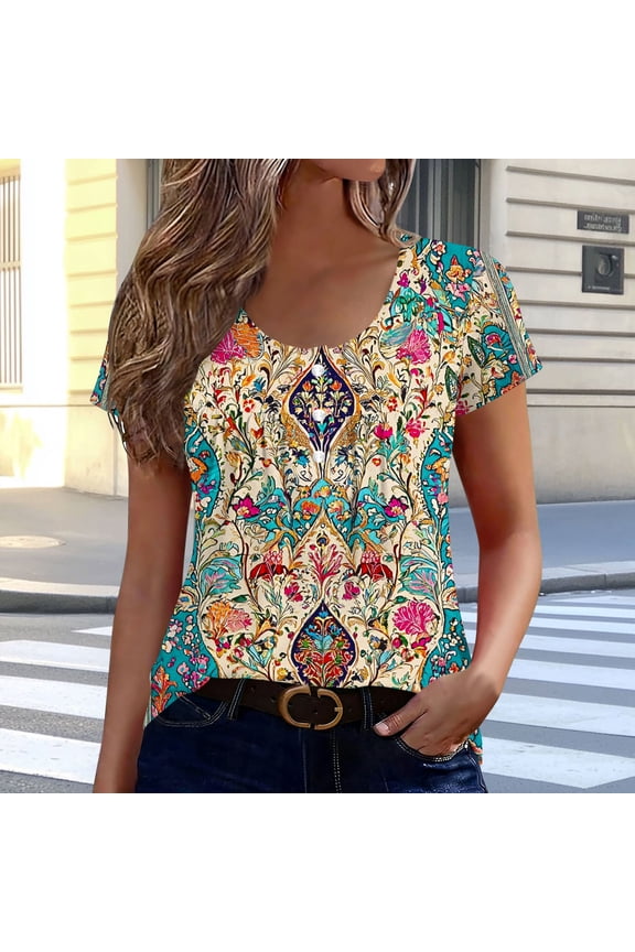 Women's Tops Boho Floral Print Tees Weekend Brunch Relaxed Fit Soft Comfortable Breathable Casual Blouses Gift