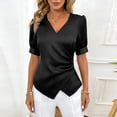 thumbnail image 1 of Pounoo Women's Tops Satin V-Neck Wrap Front Short Sleeve Blouses Elegant Office Vibe Lightweight Stretchy Slim Fit Outfits Gift, 1 of 7