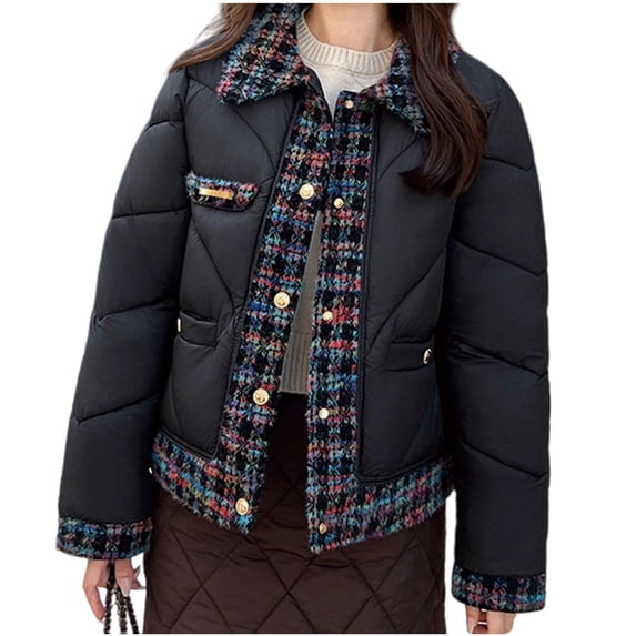 Pounoo Women's Tweed Plaid Patchwork Quilted Puffer Jacket Lapel Button Down Winter Padded Down Outerwear with Pockets Gift