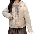 thumbnail image 1 of Pounoo Women's Tweed Plaid Patchwork Quilted Puffer Jacket Lapel Button Down Winter Padded Down Outerwear with Pockets Gift, 1 of 9