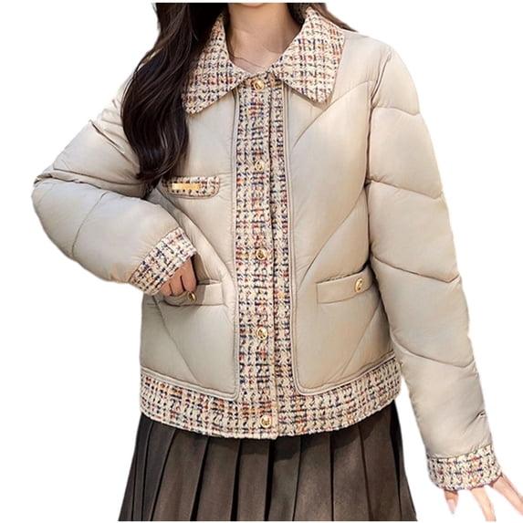 Pounoo Women's Tweed Plaid Patchwork Quilted Puffer Jacket Lapel Button Down Winter Padded Down Outerwear with Pockets Gift