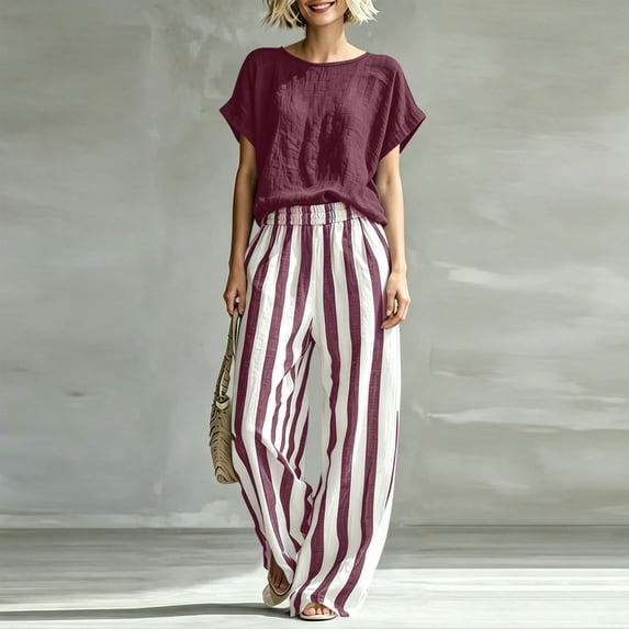Pounoo Women's Two Piece Set Round Neck Short Sleeve Top and Striped Print Wide Leg Pants Casual Summer Beach Lightweight Airy Relaxed Outfits Gift